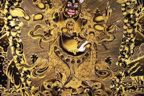 编号138-486191：黑金唐卡-白六臂玛哈嘎拉（76*50CM左右）
