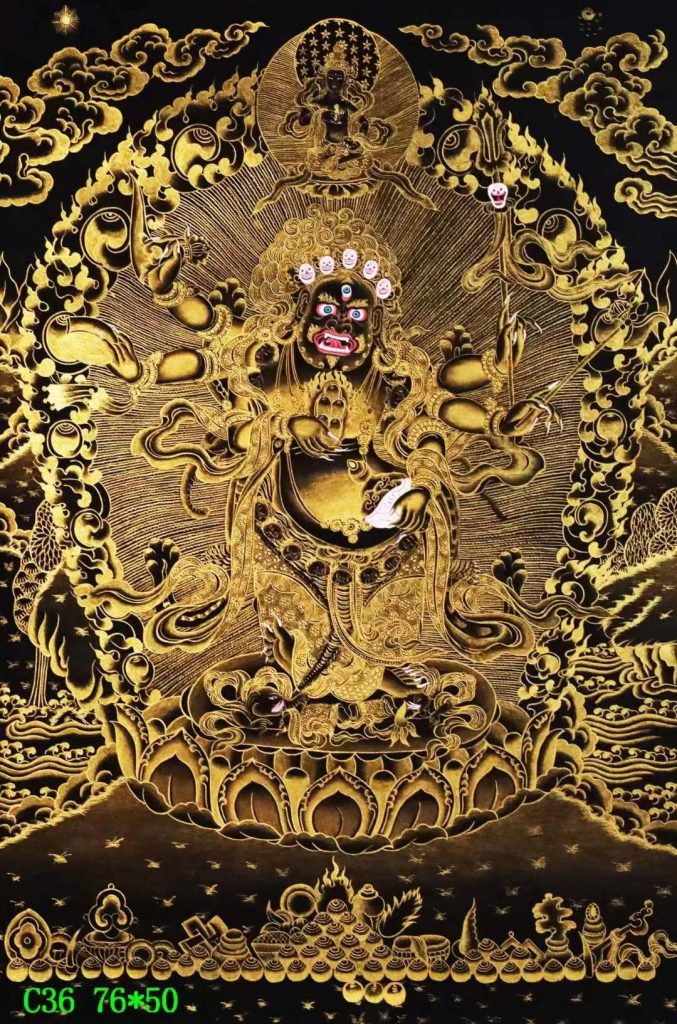 编号138-486191：黑金唐卡-白六臂玛哈嘎拉（76*50CM左右）