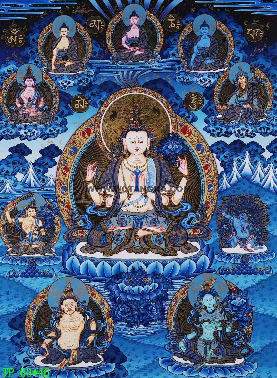 编号138-530971：蓝金唐卡-四臂观音·三怙主（63*46CM左右）