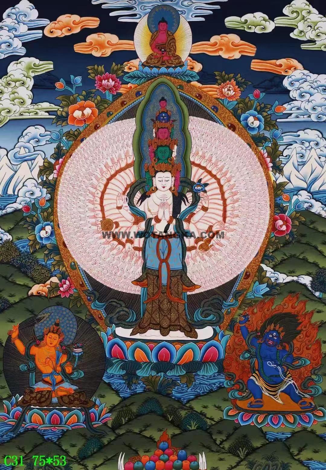 编号138-698810:彩绘唐卡-千手观音·三怙主(75*53CM左右)