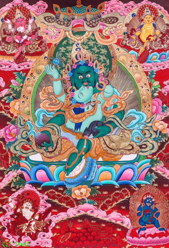 编号138-906800：红金唐卡-绿财神·五方财神（70*50CM左右）