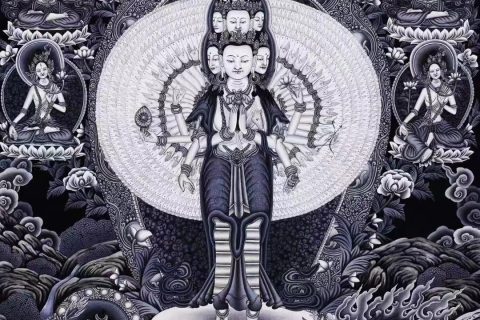 编号138-982228：彩绘唐卡-千手观音·三怙主（82*60CM左右）