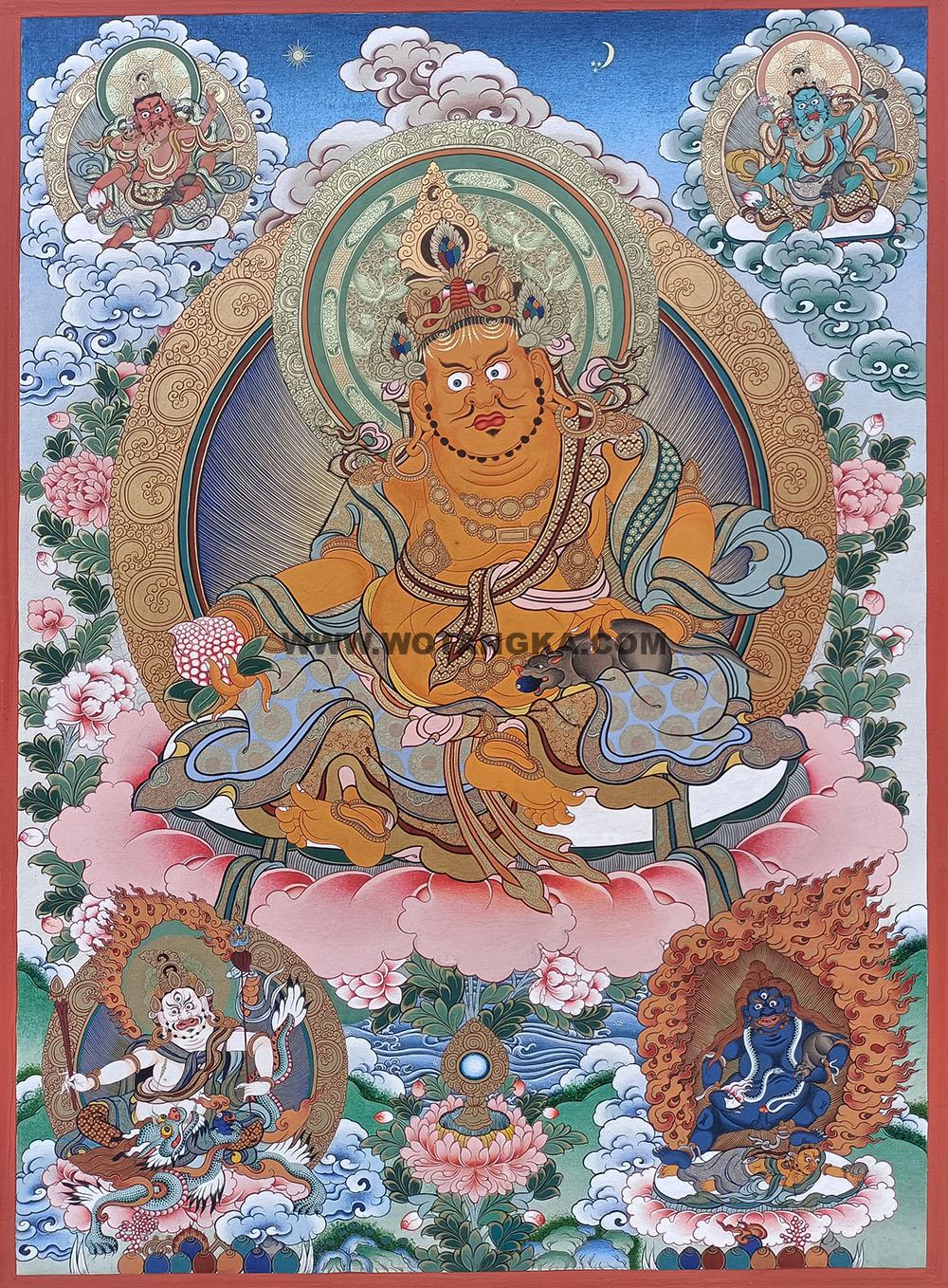 |已结缘·可定制|唐卡寄卖编号:JM·188-321527-黄财神摩尼宝供五方财神众吉祥供养图(彩唐)