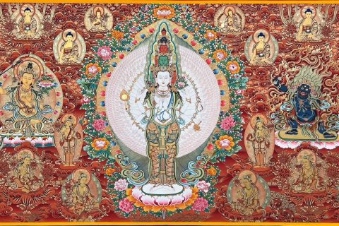 热贡-多杰才旦·画院：红金唐卡-千手观音·三怙主（120*320CM左右）