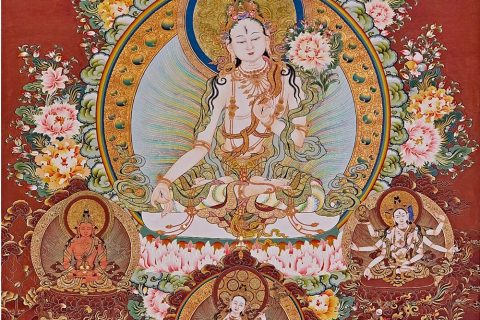｜已结缘·可定制｜唐卡寄卖编号：JM·188-496490-白度母长寿三尊诸天佛智慧平安供养图（红唐）