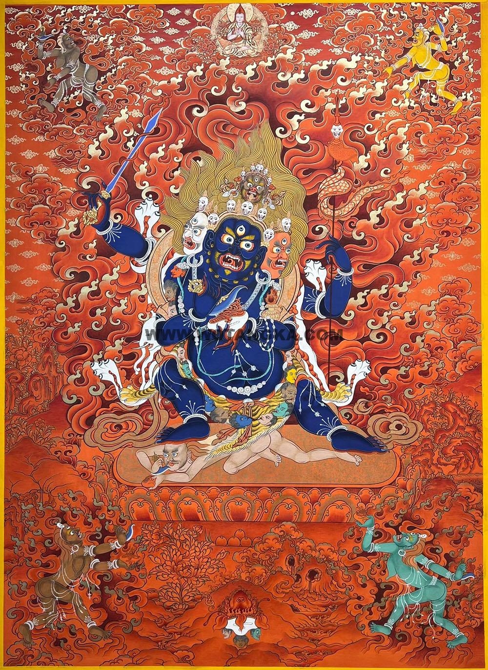 热贡-多杰才旦·画院:红金唐卡-四面四臂玛哈嘎拉(100*70CM左右)
