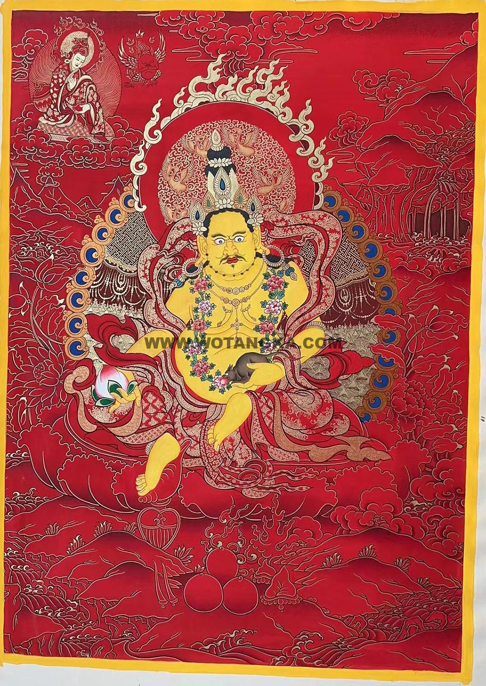 |已结缘·可定制|唐卡寄卖编号:JM·188-810283-大吉祥鸿运黄财神莲师财富供养图(红唐)