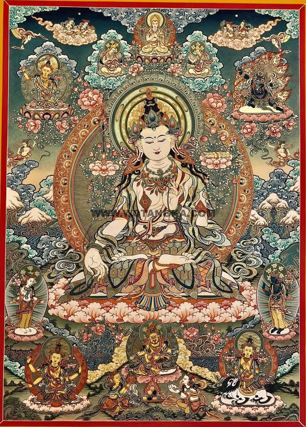 |已结缘·可定制|唐卡寄卖编号:JM·188-812645-白文殊菩萨五方文殊化现智慧供养图(彩唐)