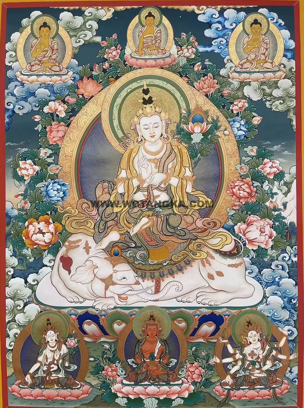 |已结缘·可定制|唐卡寄卖编号:JM·188-842116-普贤菩萨长寿三尊三世佛大德供养图(彩唐)