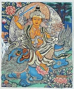 编号118-3426860:彩绘小唐卡-骑狮文殊菩萨(长方形·5*4CM左右)