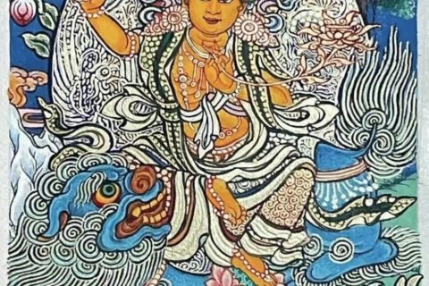 编号118-3426860：彩绘小唐卡-骑狮文殊菩萨（长方形·5*4CM左右）