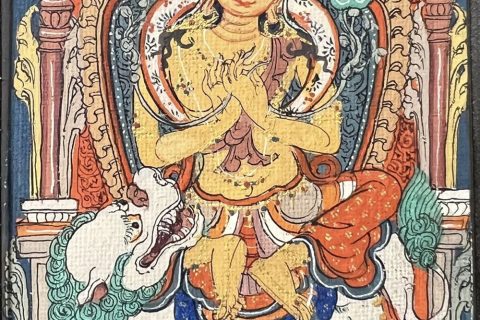 编号118-4004152：彩绘小唐卡-骑狮文殊菩萨（长方形·5*4CM左右）