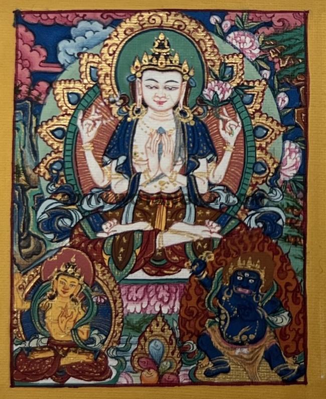 编号118-4483319：彩绘小唐卡-四臂观音·三怙主（长方形·5*4CM左右）
