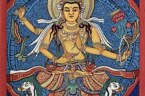 编号118-5244803：彩绘小唐卡-四臂文殊菩萨（长方形·5*4CM左右）