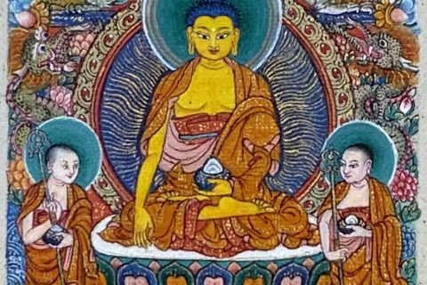 编号118-5846793：彩绘小唐卡-释迦牟尼佛·释迦三尊（长方形·5*4CM左右）
