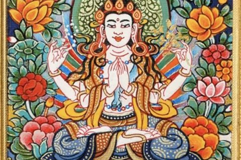 编号118-6115241：彩绘小唐卡-四臂观音（长方形·5*4CM左右）