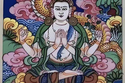 编号118-6896787：彩绘小唐卡-四臂观音（长方形·5*4CM左右）