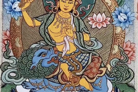 编号118-7771289：彩绘小唐卡-骑狮文殊菩萨（长方形·5*4CM左右）