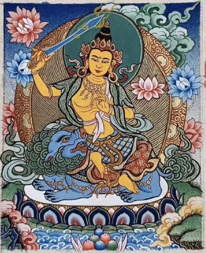 编号118-7771289：彩绘小唐卡-骑狮文殊菩萨（长方形·5*4CM左右）
