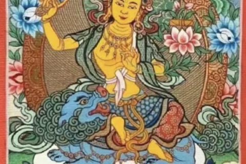 编号118-7807129：彩绘小唐卡-骑狮文殊菩萨（长方形·5*4CM左右）