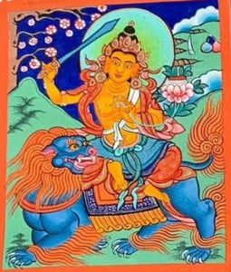 编号118-7823251:彩绘小唐卡-骑狮文殊菩萨(长方形·5*4CM左右)