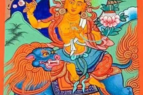 编号118-7823251：彩绘小唐卡-骑狮文殊菩萨（长方形·5*4CM左右）