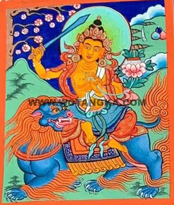编号118-7823251：彩绘小唐卡-骑狮文殊菩萨（长方形·5*4CM左右）