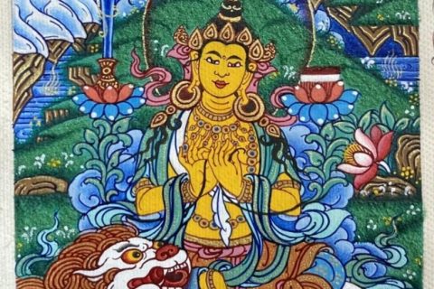 编号118-7871834：彩绘小唐卡-骑狮文殊菩萨（长方形·5*4CM左右）