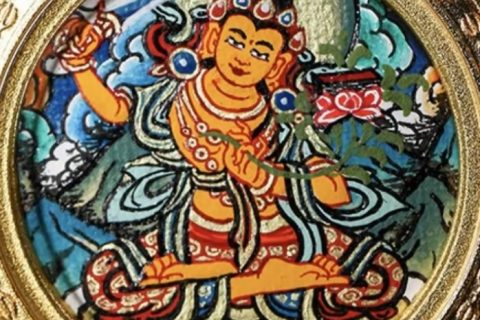 编号118-7914939：彩绘小唐卡-文殊菩萨（圆形·直径3.5CM左右）