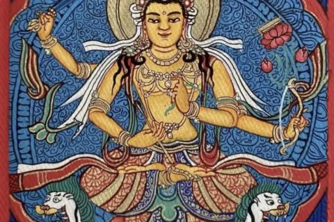 编号118-8201867：彩绘小唐卡-四臂文殊菩萨（长方形·5*4CM左右）