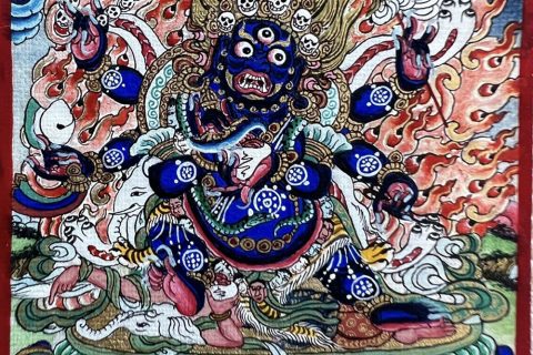编号118-8521091：彩绘小唐卡-六臂玛哈嘎拉（长方形·5*4CM左右）