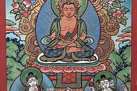 编号118-8567408：彩绘小唐卡-长寿佛·长寿三尊（长方形·5*4CM左右）
