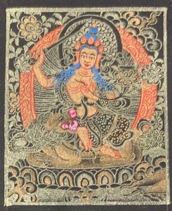 编号118-9109990:黑金小唐卡-骑狮文殊菩萨(长方形·5*4CM左右)