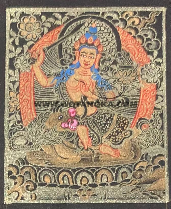 编号118-9109990：黑金小唐卡-骑狮文殊菩萨（长方形·5*4CM左右）