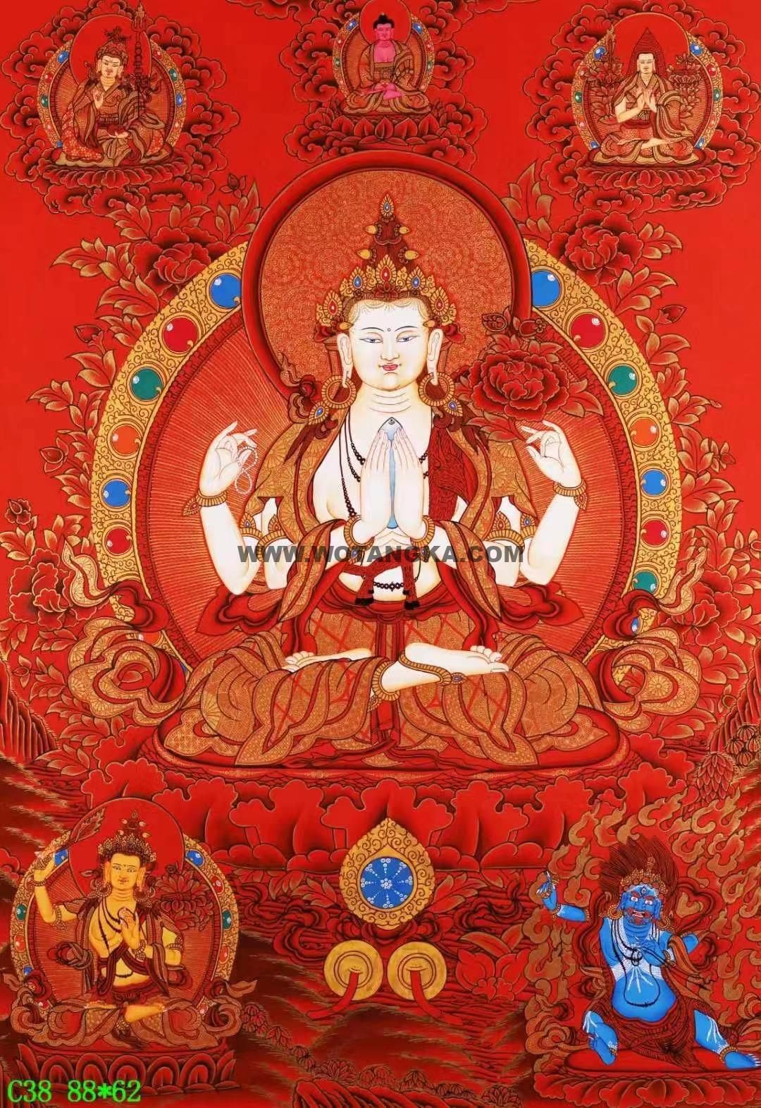 编号138-173511：红金唐卡-四臂观音·三怙主（88*62CM左右）