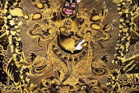 编号138-230467：黑金唐卡-白六臂玛哈嘎拉（76*50CM左右）
