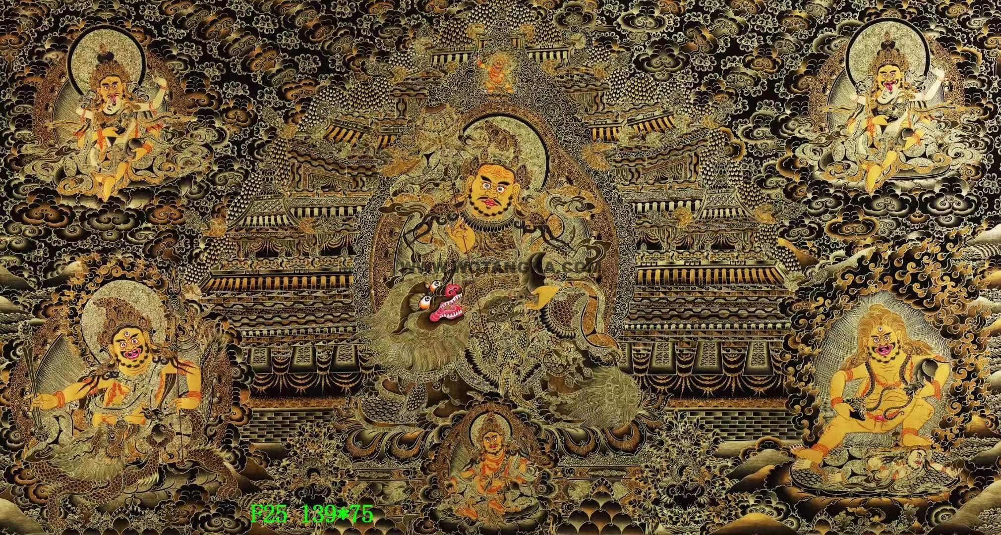 编号138-360473：黑金唐卡-财宝天王·五方财神（75*139CM左右）