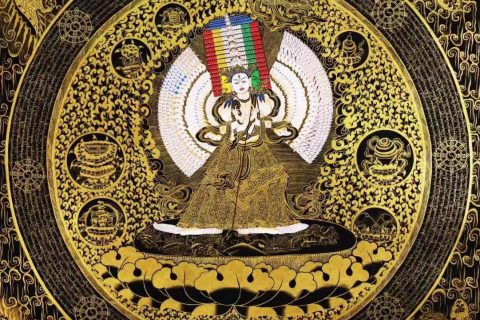 编号138-510796：黑金唐卡-大白伞盖佛母坛城（70*70CM左右）