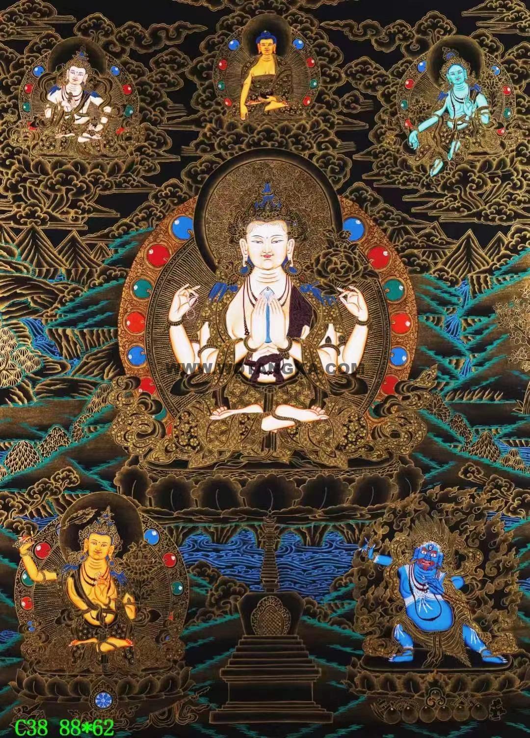 编号138-538098：黑金唐卡-四臂观音·三怙主（88*62CM左右）