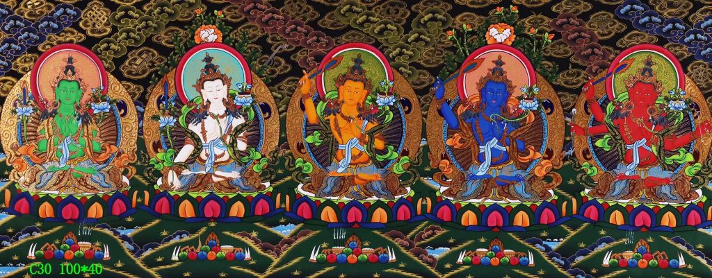 编号138-587759：黑金唐卡-文殊菩萨·五部文殊（40*100CM左右）