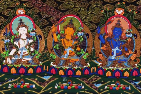 编号138-587759：黑金唐卡-文殊菩萨·五部文殊（40*100CM左右）