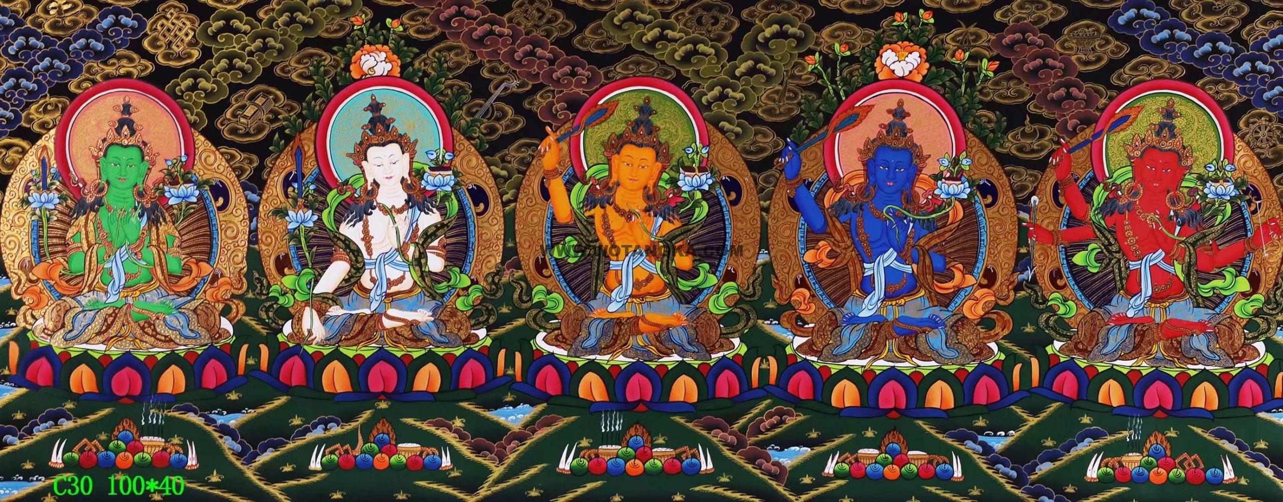 编号138-587759:黑金唐卡-文殊菩萨·五部文殊(40*100CM左右)
