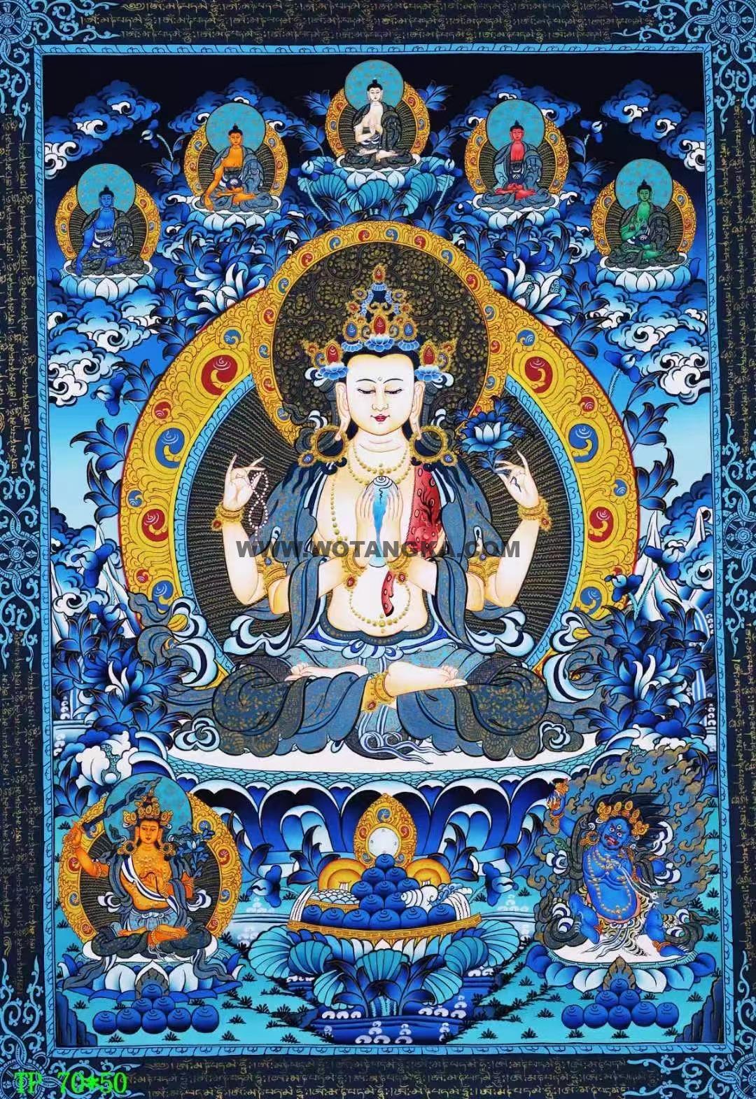 编号138-631550:蓝金唐卡-四臂观音·三怙主(75*50CM左右)