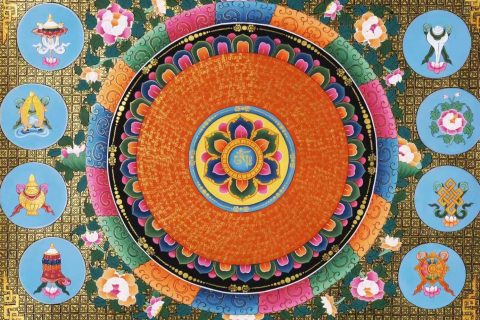 编号138-731777：彩绘唐卡-吉祥八宝六字真言坛城（44*58CM左右）