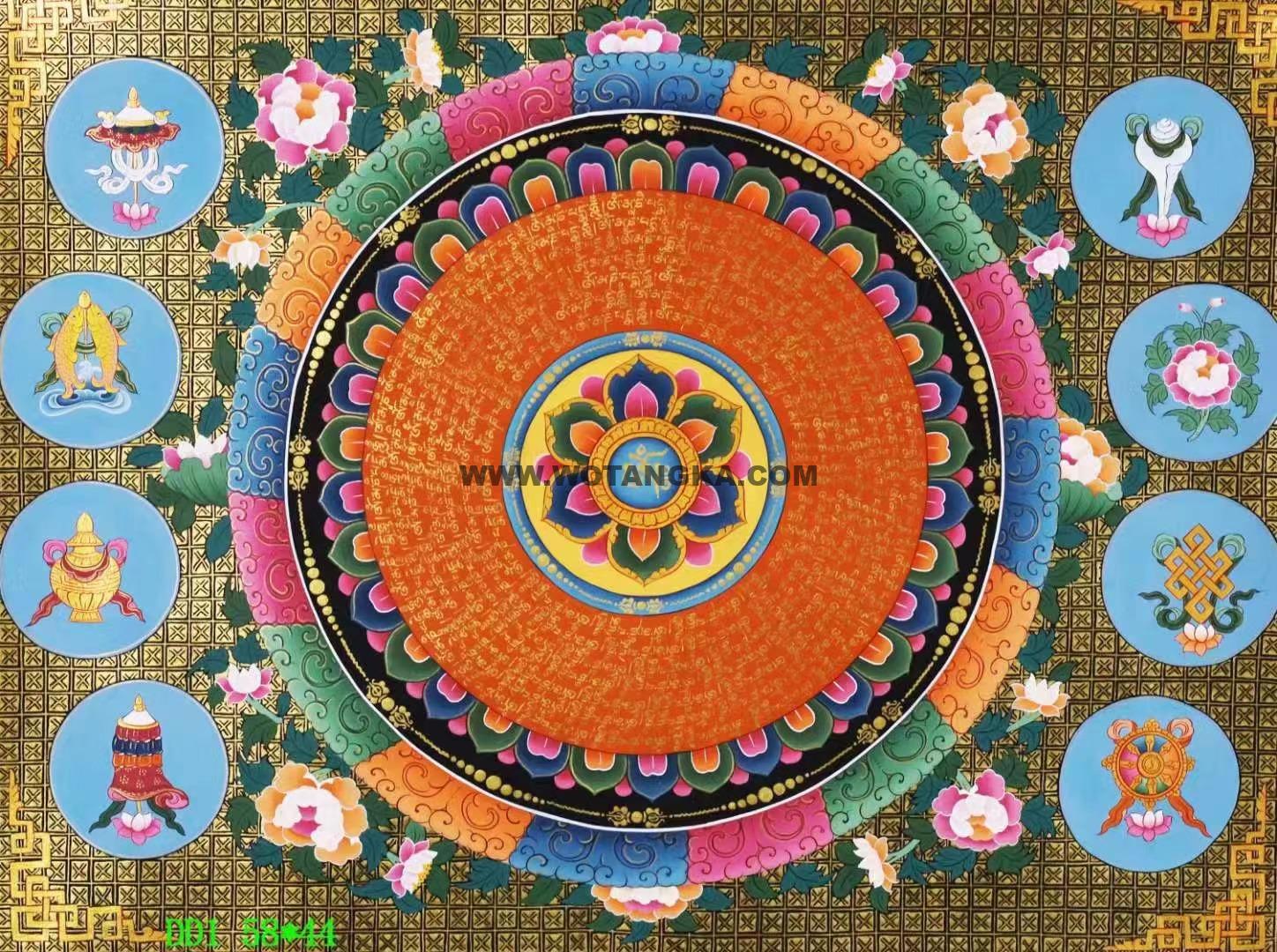 编号138-731777:彩绘唐卡-吉祥八宝六字真言坛城(44*58CM左右)