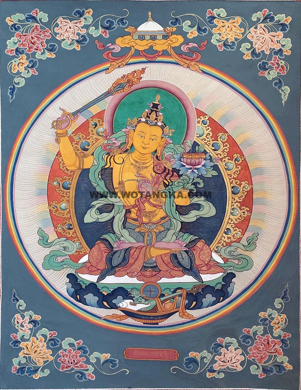 |已结缘·可定制|唐卡寄卖编号:JM·188-213819-文殊菩萨吉祥伞盖彩虹轮智慧供养图(彩唐)