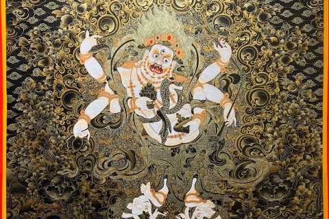编号188-645402：黑金唐卡-白六臂玛哈嘎拉（100*70CM左右）