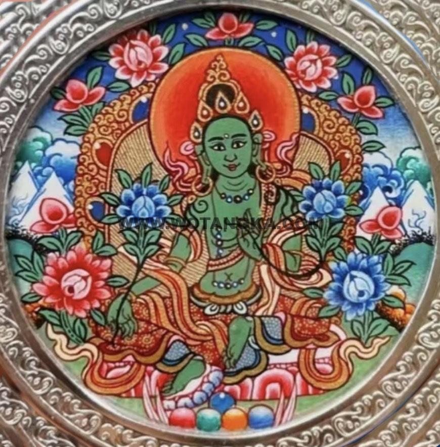编号118-1088305：彩绘小唐卡-绿度母（圆形·直径3.5CM左右）