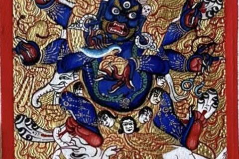 编号118-1369779：彩绘小唐卡-六臂玛哈嘎拉（长方形·5*4CM左右）