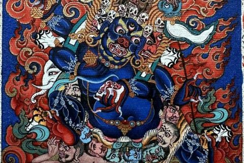 编号118-1565546：彩绘小唐卡-四面四臂玛哈嘎拉（长方形·5*4CM左右）